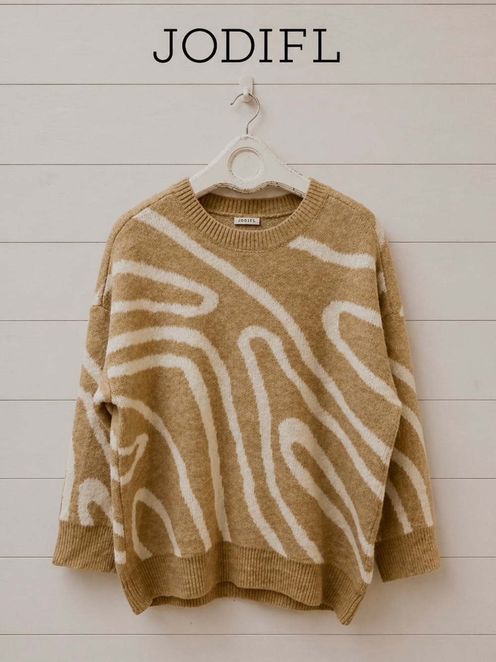 JODIFL – Beige & White Abstract Knit Sweater – Size 1X
